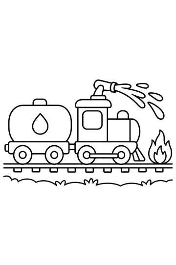 Treno dei pompieri con serbatoio d'acqua che spruzza acqua verso una fiamma accanto ai binari