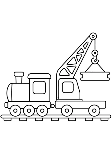 Disegno da colorare di un treno con locomotiva e vagone gru sui binari, con gancio e carico sospeso.