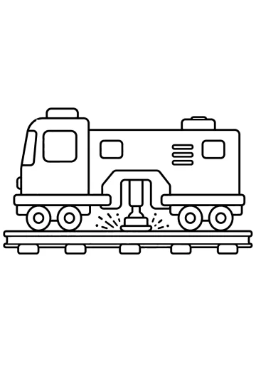 Disegno di un treno rettificatore visto di lato sui binari, con strumento centrale e scintille