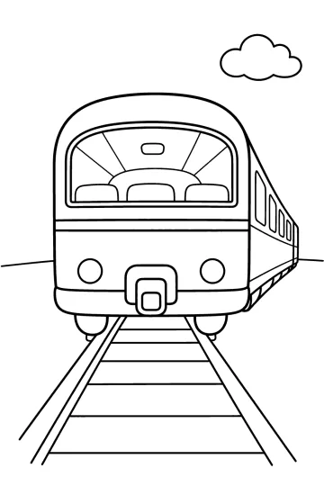 Disegno da colorare di un treno visto di fronte sui binari con una nuvola