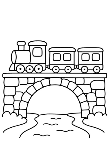 Disegno da colorare di un treno su un ponte di pietra con un ruscello sotto l'arco