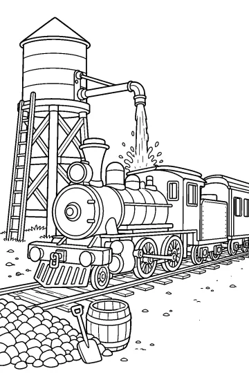 Treno a vapore sui binari sotto una torre dell'acqua con acqua che scende nella locomotiva