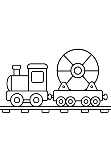 Disegno al tratto di un treno merci con una grande bobina di cavo su un vagone basso, sopra i binari.