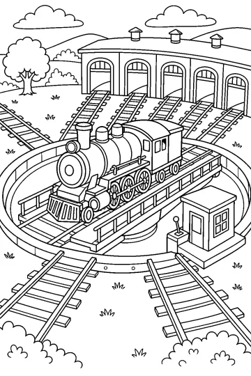 Locomotiva a vapore su una piattaforma girevole circolare davanti a un deposito ferroviario con binari