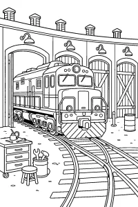 Locomotiva diesel al deposito ferroviario disegno da colorare PDF gratis
