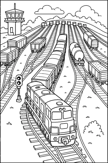 Coloriage montrant un train de marchandises et des wagons sur plusieurs voies dans un triage avec tour de contrôle.