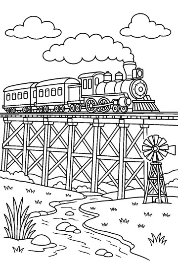 Treno a vapore che attraversa un lungo ponte di legno sopra un fiume, con mulino a vento e nuvole