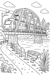 Treno pendolare sul ponte del fiume disegno da colorare PDF gratis