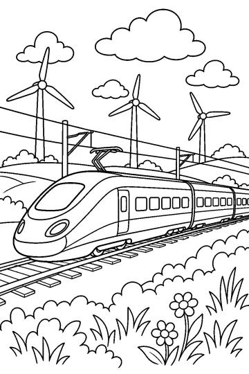 Dibujo de un tren de alta velocidad en las vías con aerogeneradores, cables, nubes y flores
