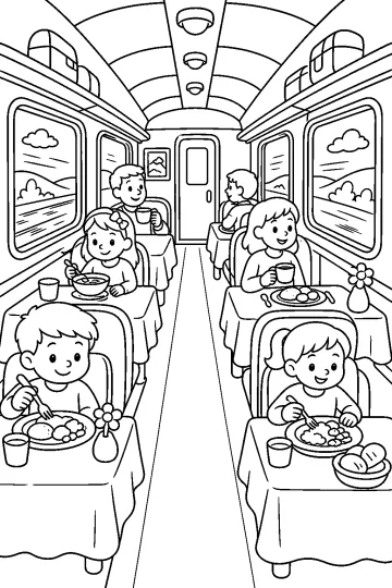 Disegno da colorare di bambini che mangiano nel vagone ristorante di un treno