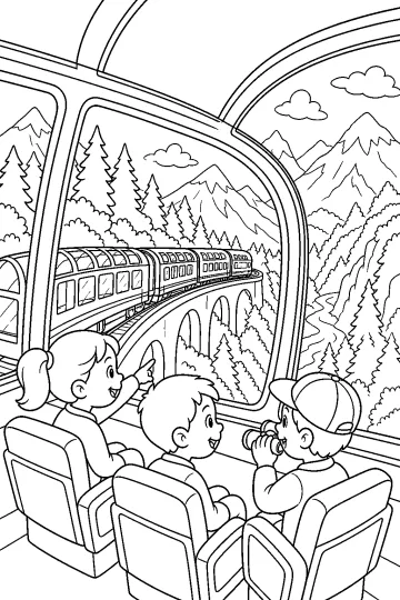 Children seated inside a panoramic train look at another section of the train among mountains, trees, and a bridge.