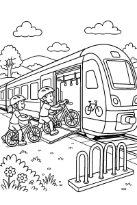 Bambini con biciclette salgono sul treno disegno da colorare PDF gratis