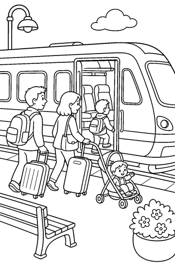 Famiglia con valigie e passeggino che sale su un treno alla stazione