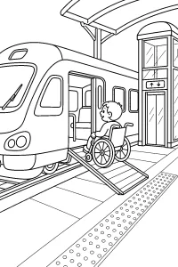 Bambino in sedia a rotelle sul treno disegno da colorare PDF gratis