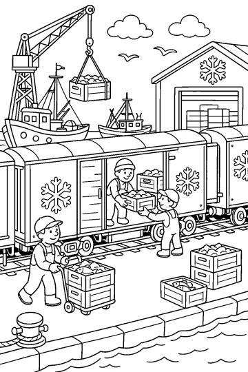 Tren frigorífico con trabajadores y cajas en un puerto con barcos, grúa y almacén