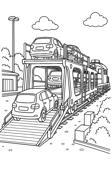 Train porte-voitures à deux niveaux avec des voitures chargées et une voiture sur la rampe