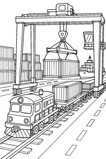 Kleurplaat van een containertrein onder een kraan bij een goederenterminal, met een hangende container en schip.