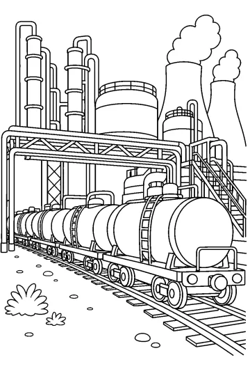 Tren con vagones cisterna sobre vías frente a una refinería con tuberías, depósitos y torres.