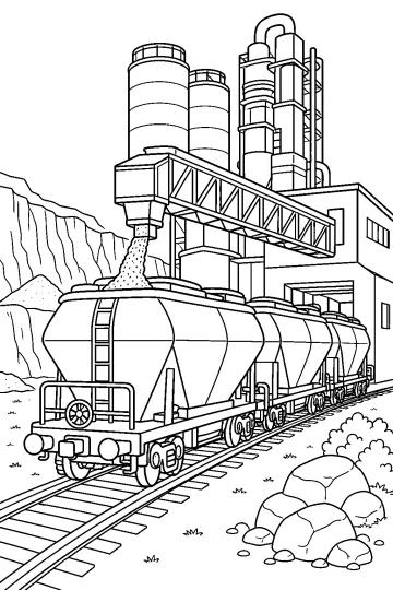 Goederentrein met cementwagens voor een fabriek met silo's en een transportband