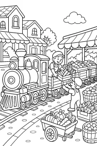 Treno del mercato con frutta e verdura disegno da colorare PDF gratis
