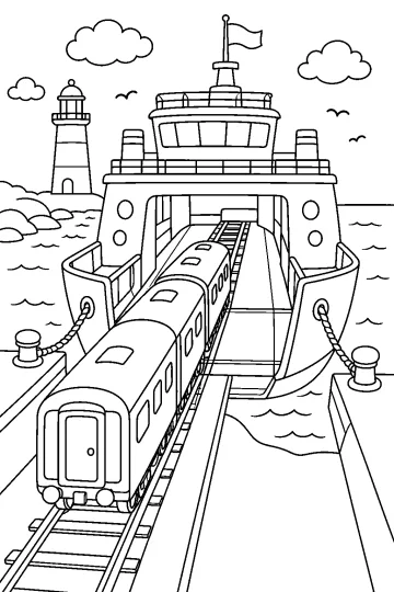 Treno sui binari davanti a un traghetto con faro, mare e nuvole