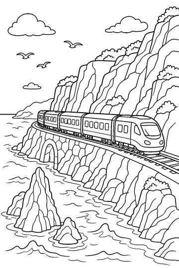 Treno passeggeri su un ponte tra scogliere rocciose sopra il mare