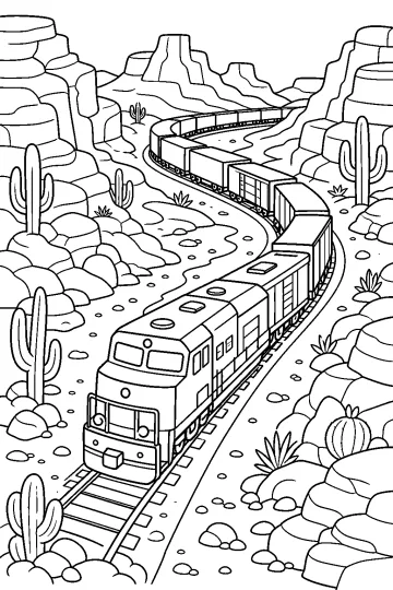 Dibujo para colorear de un tren de carga en un cañón desértico rocoso con cactus