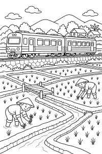 Treno tra le risaie disegno da colorare PDF gratis