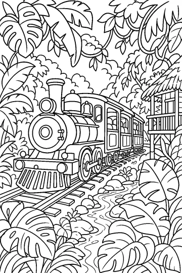 Treno a vapore sui binari in una fitta foresta tropicale con grandi foglie, liane, ruscello e casetta.