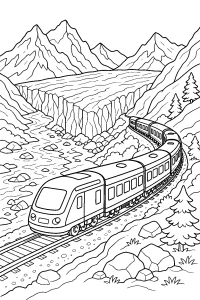 Treno tra le montagne e il fiume disegno da colorare PDF gratis