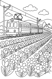 Treno tra i campi di fiori disegno da colorare PDF gratis