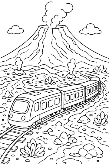 Treno passeggeri sui binari ai piedi di un vulcano fumante in un paesaggio roccioso