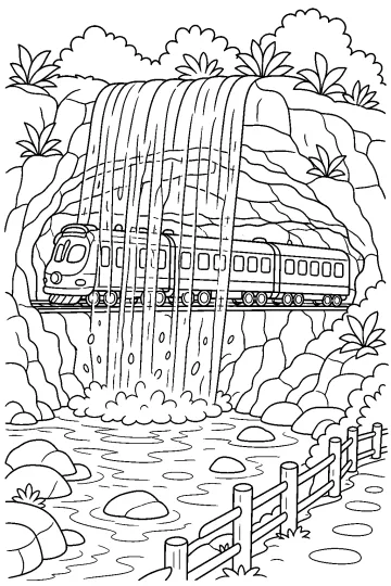 Disegno da colorare di un treno che passa dietro una cascata tra rocce, acqua e piante.