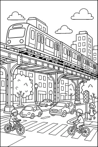 Treno sopraelevato in città disegno da colorare PDF gratis