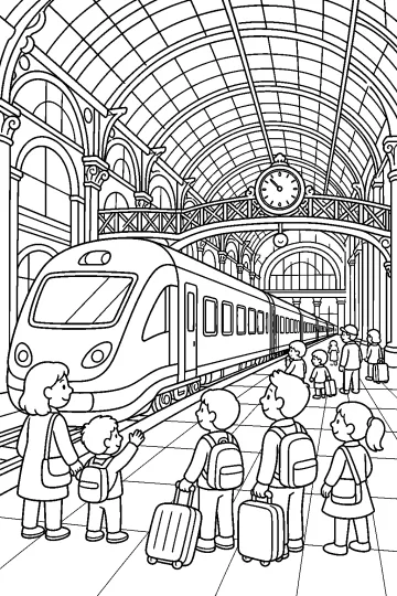 Dibujo para colorear de un tren en una gran estación con niños, maletas, pasarela y reloj.