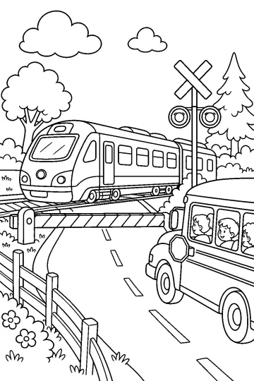 Dibujo para colorear de un tren en un paso a nivel con barrera bajada, señal y autobús escolar con niños.