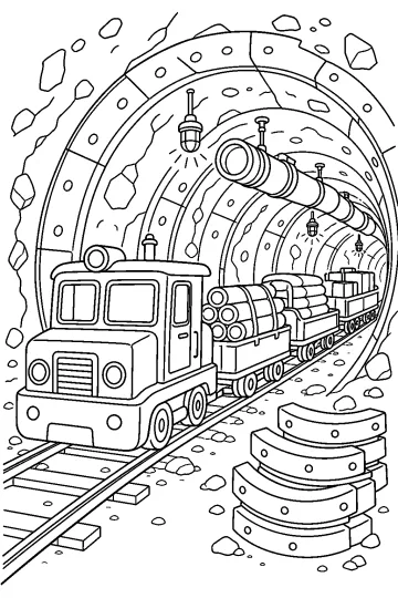 Treno da lavoro con vagoni di materiali all'interno di un tunnel roccioso