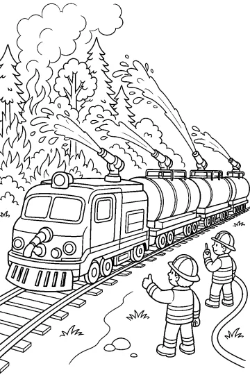 Treno antincendio con vagoni cisterna e cannoni ad acqua vicino a un incendio nel bosco, con pompieri sui binari.