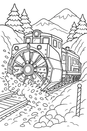 Rotary snowplow train moving along snowy tracks between pine trees and mountains