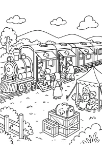 Treno ospedale alla stazione di campagna disegno da colorare PDF gratis