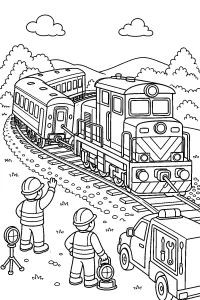 Locomotiva di soccorso con treni e tecnici disegno da colorare PDF gratis