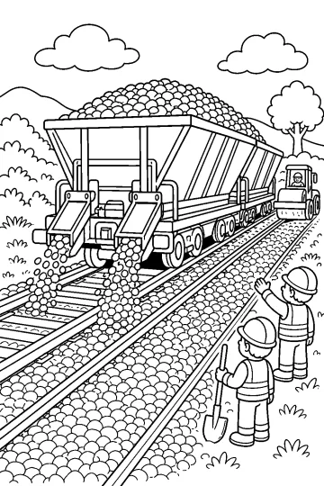 Treno da lavoro con tramogge aperte che scarica pietre sui binari, operai e mezzo ferroviario