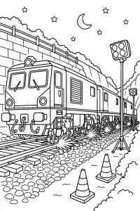 Tren amolador de rieles de noche dibujo para colorear PDF gratis