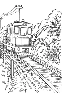 Treno taglia rami lungo la ferrovia disegno da colorare PDF gratis