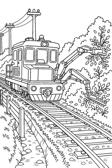 Train coupe-branches avec de longs bras près de buissons et d’arbres le long des rails