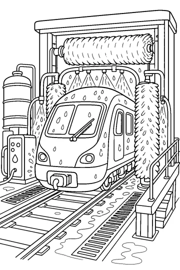 Treno bagnato che passa in un lavaggio automatico con grandi spazzole e getti d'acqua