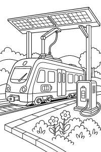 Elektrische trein laadt onder zonnepanelen kleurplaat gratis PDF