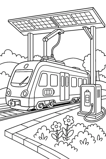 Train électrique relié à une borne de recharge sous un abri avec panneaux solaires