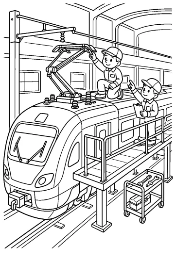 Disegno da colorare di un treno in officina con due addetti che controllano il pantografo sul tetto.