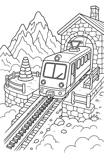 Tren cremallera sobre las vías ante una estación de piedra en la montaña